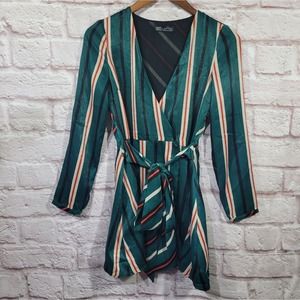 Zara Green, White & Red Satin Stripe Wrap Front Long Sleeve Romper